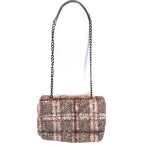 ZARA NWOT Shearling Crossbody Flap Bag Chain Strap Purse Beige Checkered